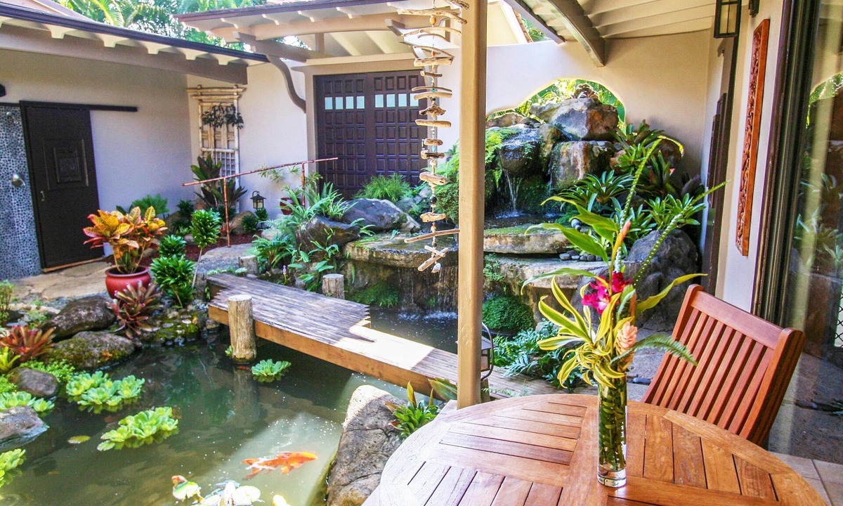 Princeville House | North Shore Oasis - Courtyard Koi Pond Waterfall with Mountain Vistas
