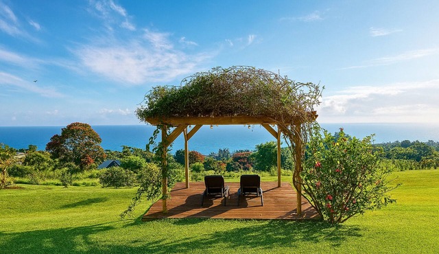 4 Bedroom Farmhouse + Guesthouse Retreat 180° Ocean Views North Hilo
