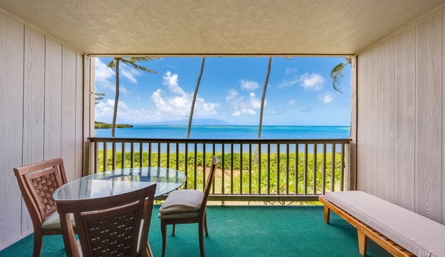 Oceanfront getaway with an outdoor pool, tennis courts, & beach view